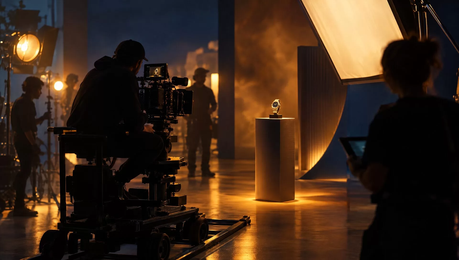 Bir marka filminin çekim setinde kamera ve tungsten ışıklar